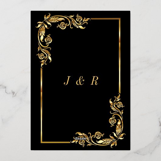 Gouden folie Bloemen ingelijst Zwart bruiloft uitn Folie Uitnodiging (Achterkant)