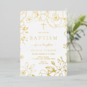 Gouden folie Bloemen Jongen of Meisje Dopen Gouden Folie Uitnodiging (Staand Voorkant)