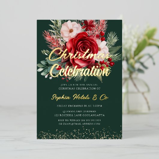 Gouden folie Bloemen Kerstmis Viering Folie Uitnodiging (Staand Voorkant)