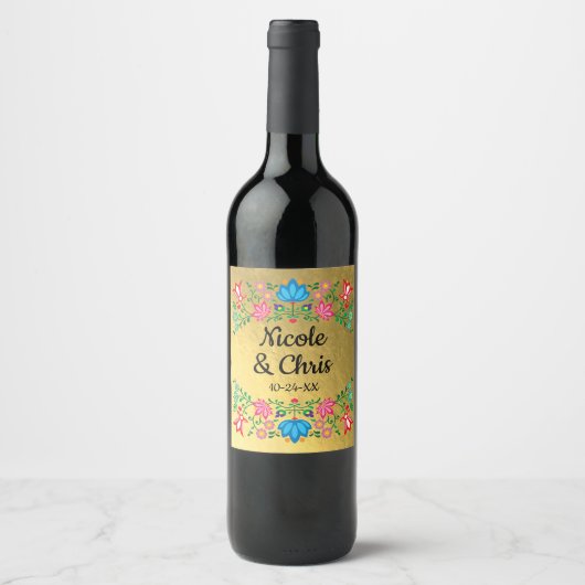 Gouden Folie Bloemen Mexicaanse Bruiloft wijn labe Wijn Etiket (Voorkant)