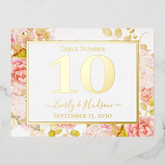Gouden Folie Bloemen Roze Gouden Trouwtafel Nummer Folie Uitnodiging Briefkaart (Voorkant)