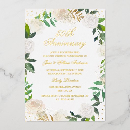 Gouden folie bloemenkrans jubileum  folie uitnodiging (Voorkant)