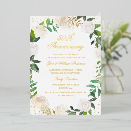 Gouden folie bloemenkrans jubileum  folie uitnodiging (Staand Voorkant)