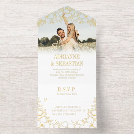 Gouden Folie Bloemenlijn Art Foto Informele bruilo All In One Uitnodiging (Binnenkant)