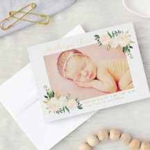 Gouden Folie Blush Bloemen Foto Geboorteaankondigi
