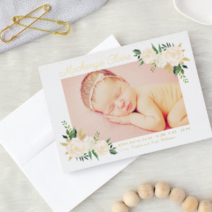 Gouden Folie Blush Bloemige Foto Geboorteaankondig Uitnodiging