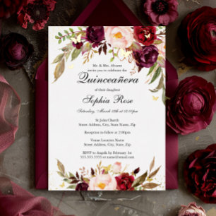Gouden folie Blush Burgundy Quinceanera bloem Uitnodiging