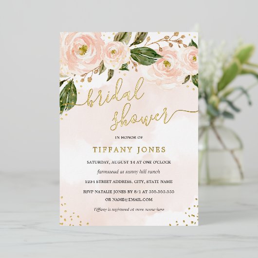 gouden Folie Blush Waterverf Bloemen Vrijgezellenf Folie Uitnodiging (Staand Voorkant)