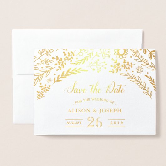 Gouden Folie Botanische Bloemen Bruiloft Save the  Folie Kaarten (Voorkant met envelop)