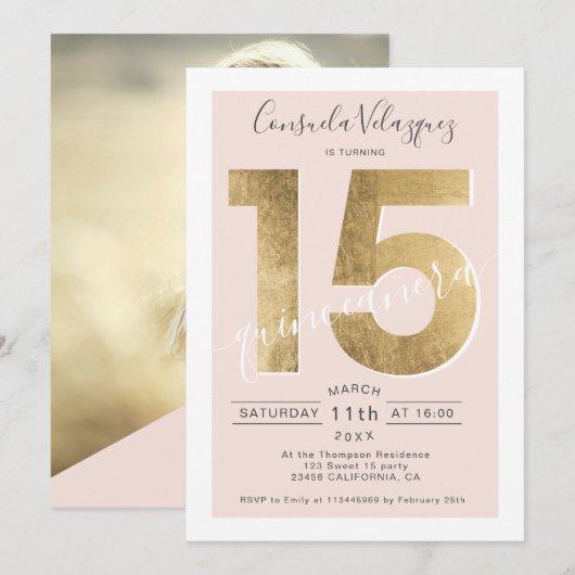 gouden folie-chic-script zwart op quinceanera-foto kaart (Voorkant / Achterkant)