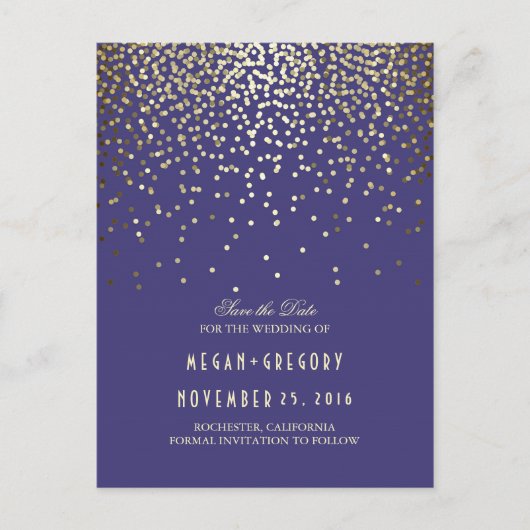 Gouden folie confetti Navy Save the Date Aankondigingskaart (Voorkant)