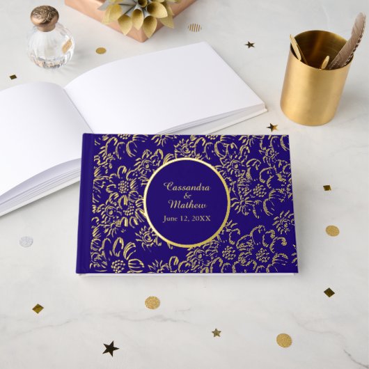 Gouden Folie Daisies Floral Royal Blue Wedding Gastenboek (Voorkant open)
