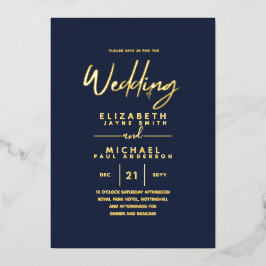 Gouden folie Donkerblauw moderne all-in-1-huwelijk Uitnodiging
