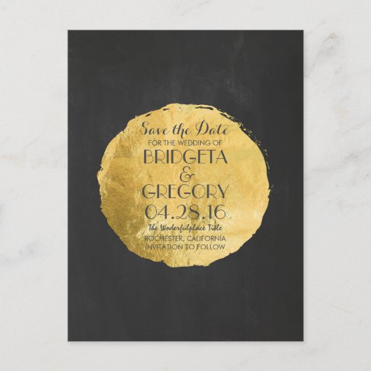 Gouden folie effect confetti krijtbord opslaan van aankondigingskaart (Voorkant)