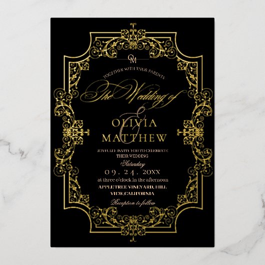 Gouden Folie Elegantie Zwarte Script Foto Bruiloft Folie Uitnodiging (Voorkant)