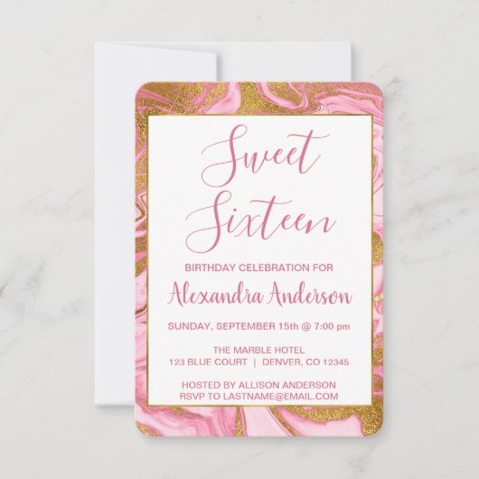 Gouden folie en Hot Pink Marble Sweet 16 Verjaarda Kaart (Voorkant)