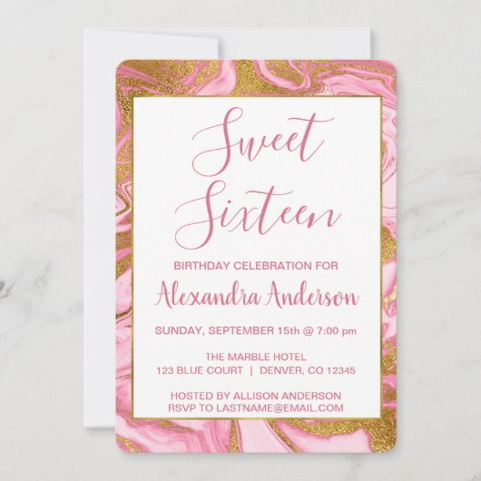 Gouden folie en Hot Pink Marble Sweet 16 Verjaarda Kaart (Voorkant)