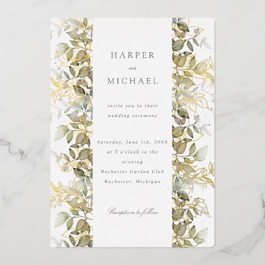 Gouden folie en waterverf bladeren bruiloft folie uitnodiging (Voorkant)