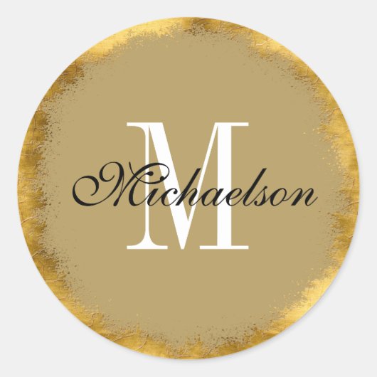 Gouden folie en wit Monogram Ronde Sticker (Voorkant)
