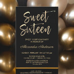 Gouden folie en zwart Sweet Sixteen Verjaardag Kaart<br><div class="desc">Sweet 16 Goud en Zwart Modern en Elegant Geborsteld Metallic Zoete Zestien Verjaardagsfeestuitnodiging. Deze Sweet Sixteen uitnodiging is perfect voor de Girly Girl op zoek naar te vieren in luxe goud. Als u extra overeenkomende punten nodig hebt,  gelieve de ontwerper te contacteren.</div>