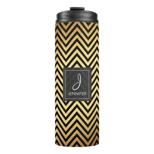 Gouden folie en zwarte Chevron Patroon Monogram Thermosbeker (Voorkant)
