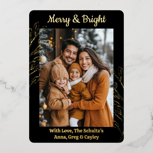 Gouden Folie Foliage en Familiefoto Kerstmis Folie Feestdagenkaart (Voorkant)