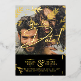 Gouden Folie Foto Overlay Bladeren Huwelijk Save D Uitnodiging