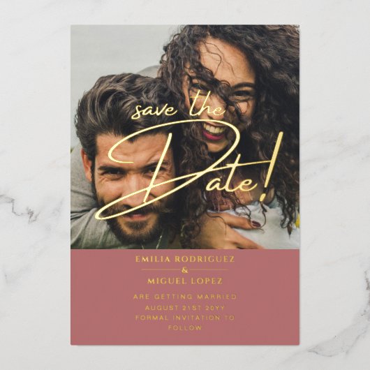 Gouden Folie Foto Overlay Roos Datum Opslaan Trouw Uitnodiging (Voorkant)
