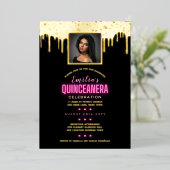 Gouden Folie Foto Roze 15e Verjaardag Quinceanera  Folie Uitnodiging (Staand Voorkant)