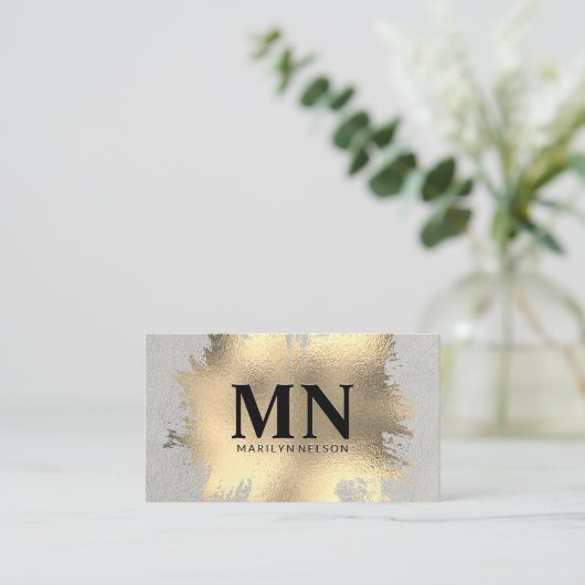 Gouden folie geborsteld met chique monogram visitekaartje (Staand voorkant)