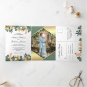 Gouden folie geometrische tropische bladeren foto  drieluik uitnodiging (Binnen)