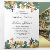 Gouden folie geometrische tropische bladeren foto  drieluik uitnodiging (Binnenzijde eerst)