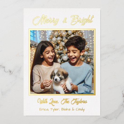 Gouden Folie Gepersonaliseerde Familiefoto Kerstmi Folie Feestdagenkaart (Voorkant)