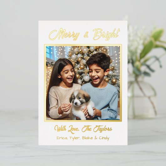 Gouden Folie Gepersonaliseerde Familiefoto Kerstmi Folie Feestdagenkaart (Staand Voorkant)