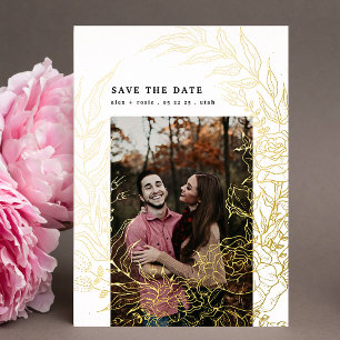 Gouden Folie Geperste Bloemenkrans Save The Date Uitnodiging