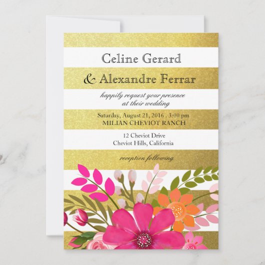 Gouden folie gestreepte folklore bloemen bruiloft  kaart (Voorkant)