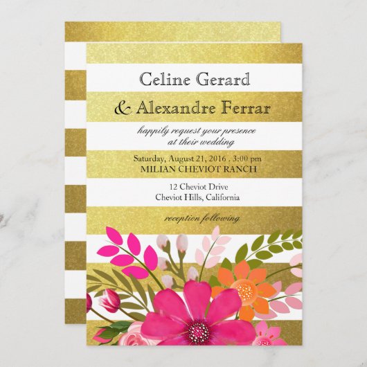 Gouden folie gestreepte folklore bloemen bruiloft  kaart (Voorkant / Achterkant)