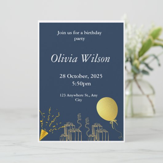 Gouden Folie Gift en Ballon Verjaardag Uitnodiging (Staand voorkant)