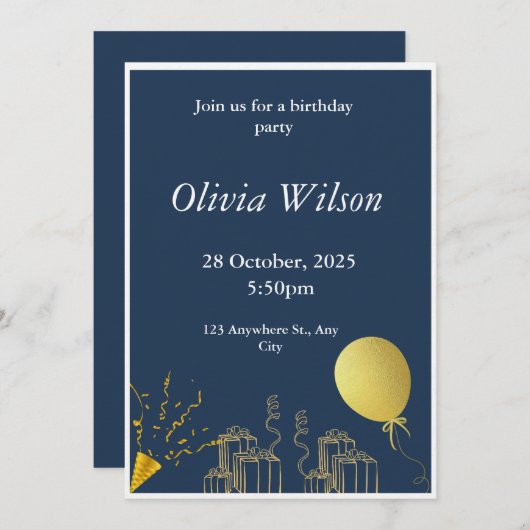 Gouden Folie Gift en Ballon Verjaardag Uitnodiging (Voorkant / Achterkant)