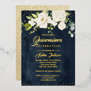 Gouden folie glans bloem goud marine Quinceanera Uitnodiging