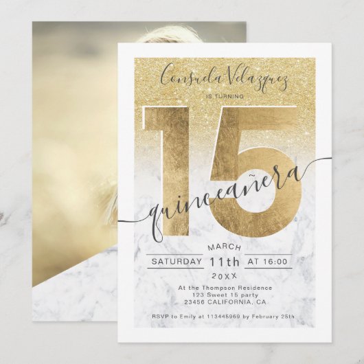 Gouden folie Glitter Marmer Chic Quinceanera Foto Kaart (Voorkant / Achterkant)