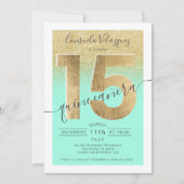 Gouden folie Glitter Script Mint Quinceanera Foto Kaart (Voorkant)