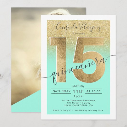 Gouden folie Glitter Script Mint Quinceanera Foto Kaart (Voorkant / Achterkant)