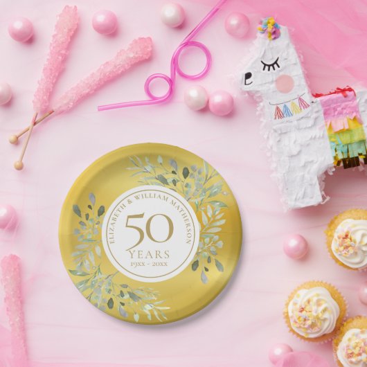 Gouden Folie Groene 50ste Huwelijksverjaardag Papieren Bordje (Feest)