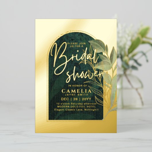 Gouden Folie Groene Bladeren Bruidsfeest QR Code Folie Uitnodiging (Staand Voorkant)