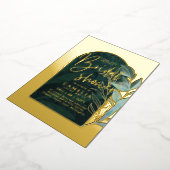 Gouden Folie Groene Bladeren Bruidsfeest QR Code Folie Uitnodiging (Gedraaid)