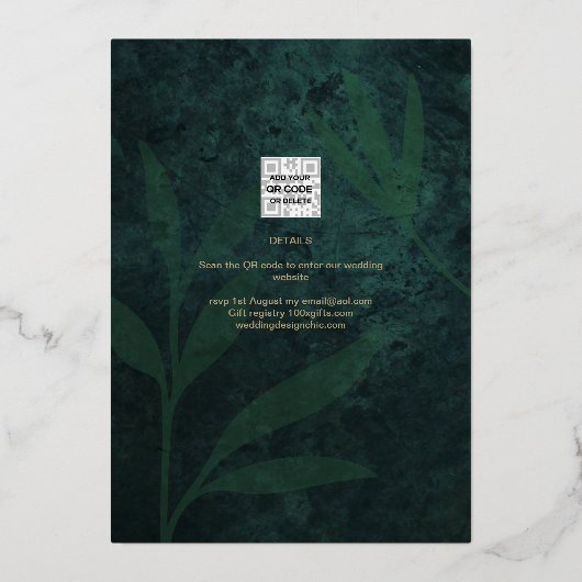 Gouden Folie Groene Bladeren Bruidsfeest QR Code Folie Uitnodiging (Achterkant)