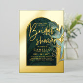 Gouden Folie Groene Bladeren Bruidsfeest QR Code Uitnodiging (Staand Voorkant)