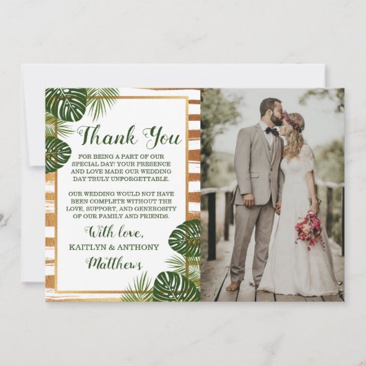Gouden folie & Groene Palm Leaf Beach bruiloft fot Bedankkaart (Voorkant)