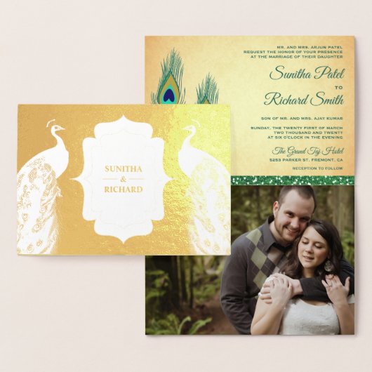 Gouden folie Groene pauw veer bruiloft uitnodiging (Display)